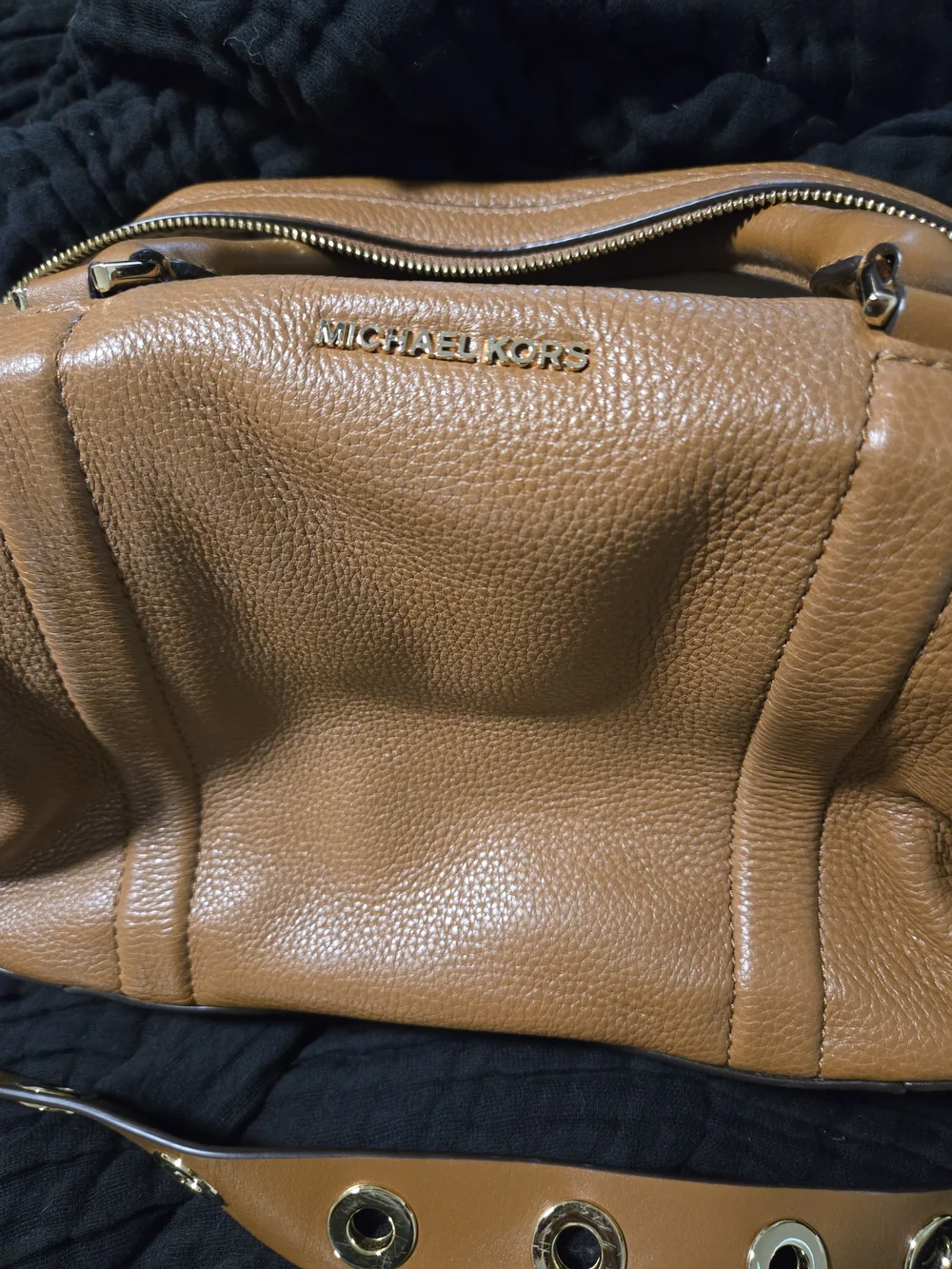 MICHAEL KORS Cognac Pebbled Leather Satchel with Grommet Strap